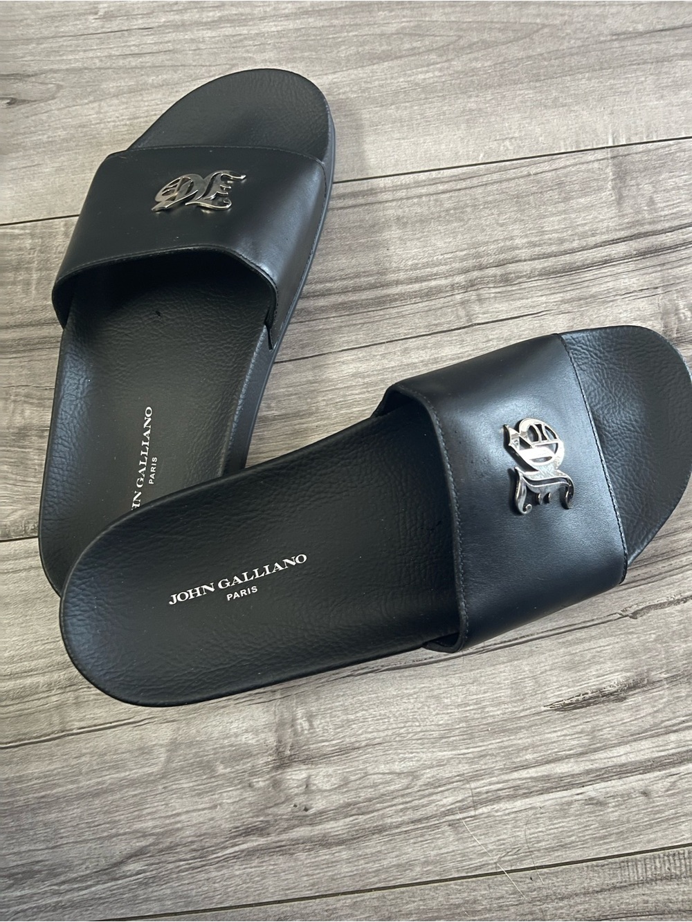 John Galliano Black Leather Logo Slides